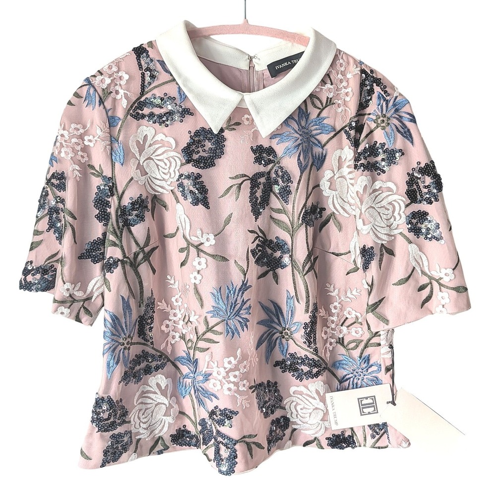 Ivanka Trump Blouse Womens 12 Pink Floral Sequin Peter Pan Collar NWT